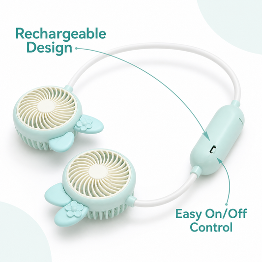 variant:Blue | Rechargeable Neck Fan | Dual airflow and covered blade detail
