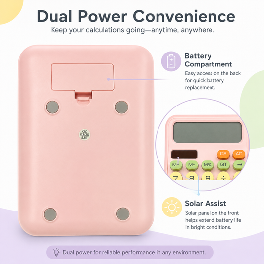 Pastel Pink Desktop Calculator creative showing battery compartment and dual power convenience.