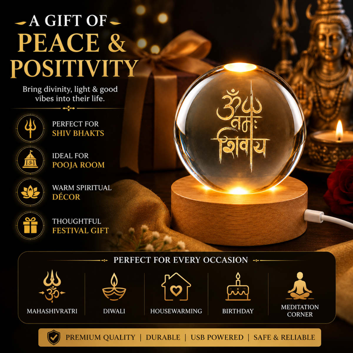 variant:Om Namah Shivaya | Om Crystal Ball Night Lamp | Clean white background product shot