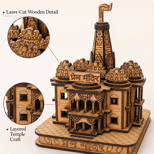 Prem Mandir LED miniature creative highlighting laser-cut wooden details and layered temple craft.