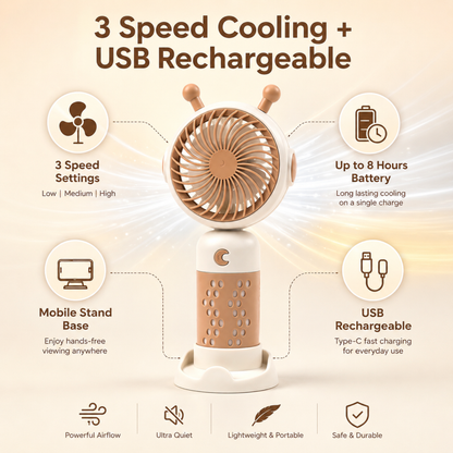 Snail Shape Portable Mini Fan infographic highlighting 3 speed settings, up to 8 hours battery, and USB-C rechargeable design.