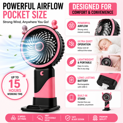Portable Mini USB Rechargeable Fan infographic highlighting powerful airflow, quiet operation, portability, and long battery life.