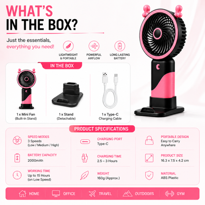 Portable Mini USB Rechargeable Fan infographic showing box contents and specifications including size, battery, and speed modes.