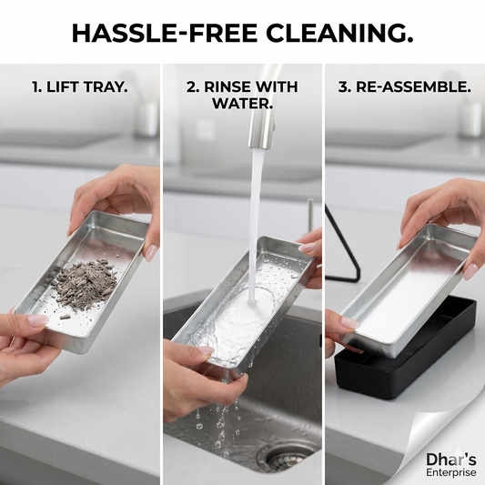 Decorative Mosquito Coil Holder infographic showing three steps to clean the ash tray: lift, rinse with water, and reassemble.