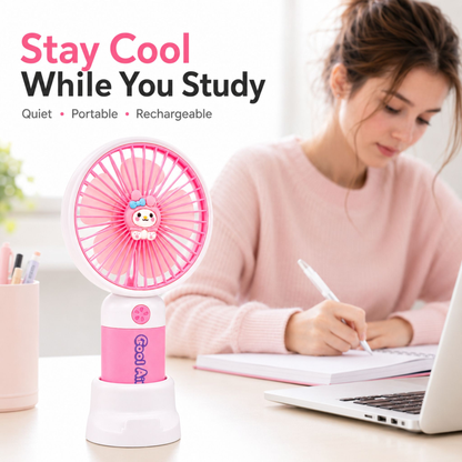 Kawaii Mini Desk Fan on a desk beside a woman studying at a laptop, infographic highlighting its quiet, portable, rechargeable design.