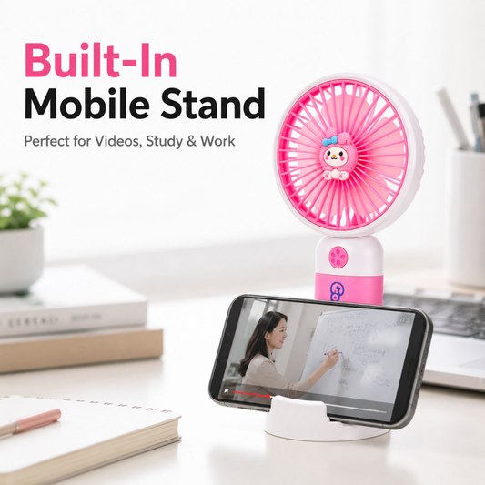 Kawaii Mini Desk Fan holding a smartphone in its built-in mobile stand on a desk, infographic highlighting use for videos and study.