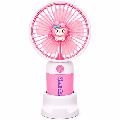 Kawaii Mini Desk Fan in pink and white with a cute cartoon character on the blade guard, shown on a white background.