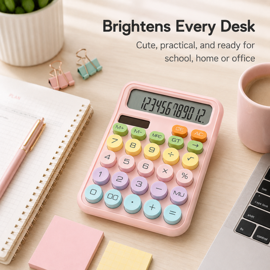 Pastel Pink Desktop Calculator lifestyle image for study table, shop counter, billing desk, and home budgeting.