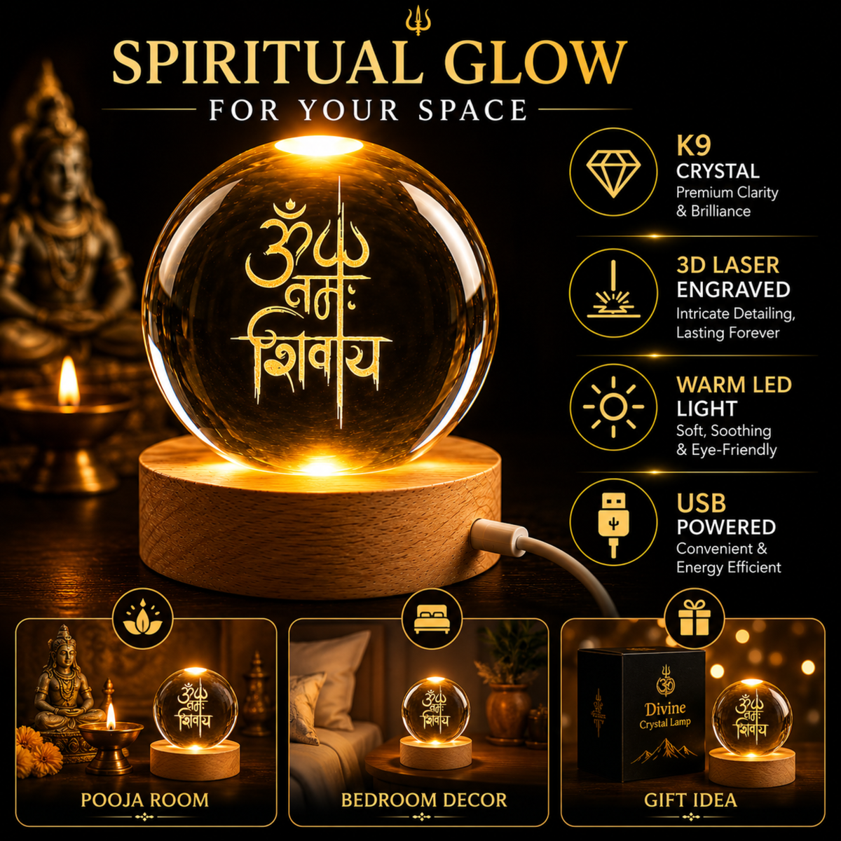 variant:Om Namah Shivaya | Om Crystal Ball Night Lamp | Positive vibes decor panel