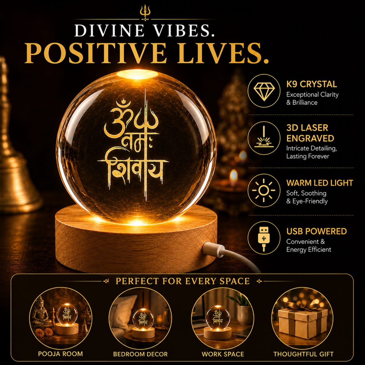 variant:Om Namah Shivaya | Om Crystal Ball Night Lamp | Peace and positivity gift panel