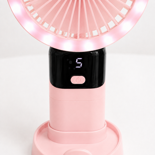 Pink - Rechargeable Desk Fan 4000mAh with Digital Display & LED Ring Light - Digital Display