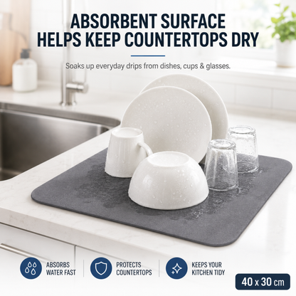 Dish Drying Sink Mat compact 40x30 cm grey countertop drying use image with dishes, glasses, and utensils.