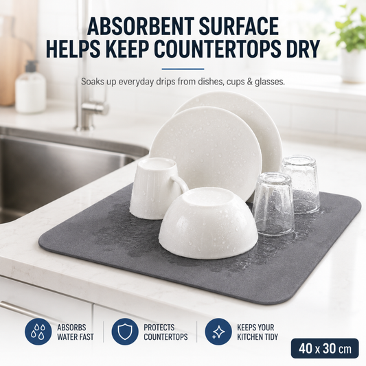 Dish Drying Sink Mat compact 40x30 cm grey countertop drying use image with dishes, glasses, and utensils.
