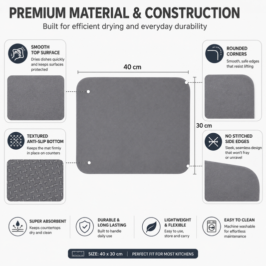 Dish Drying Sink Mat compact 40x30 cm grey material and construction detail image showing surface and backing.
