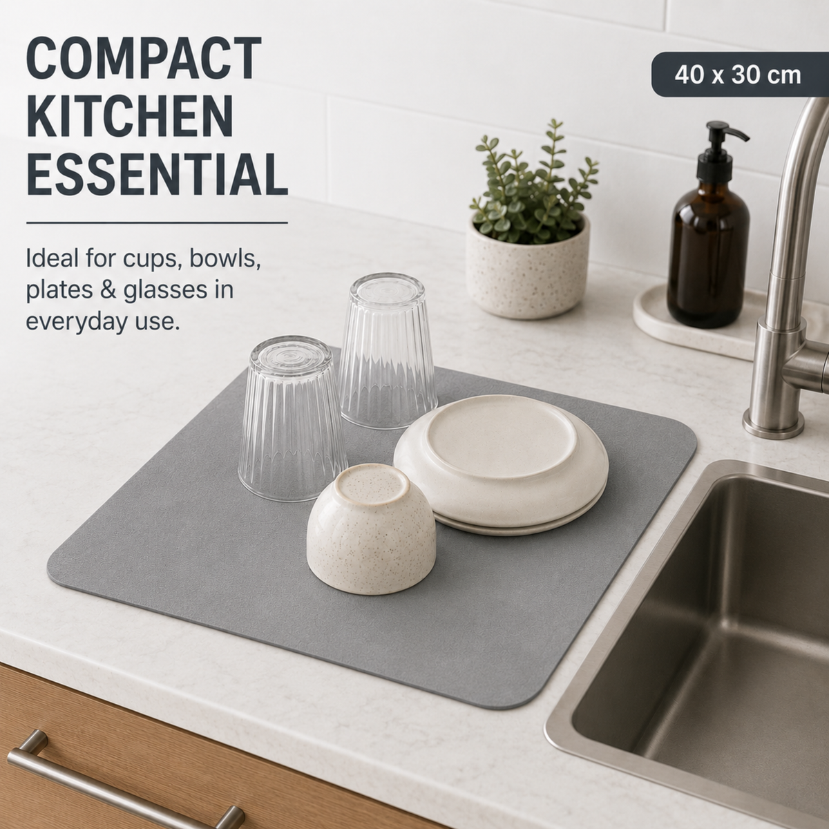 Dish Drying Sink Mat compact 40x30 cm grey lifestyle image for compact kitchen counter use.