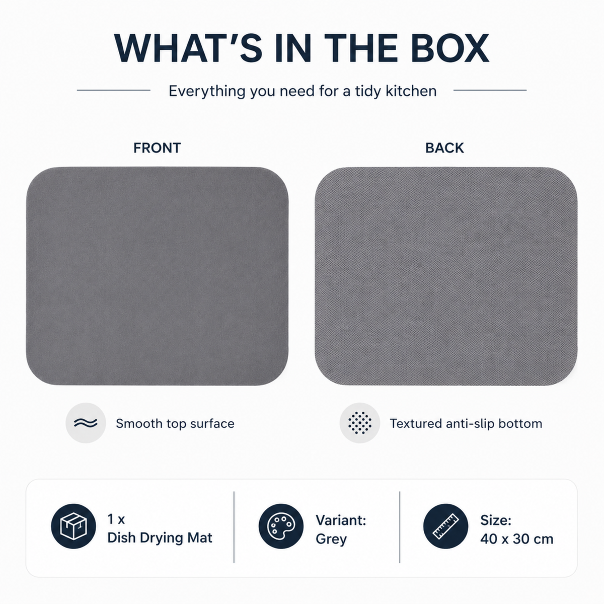 Dish Drying Sink Mat compact 40x30 cm grey box contents and variant detail image.