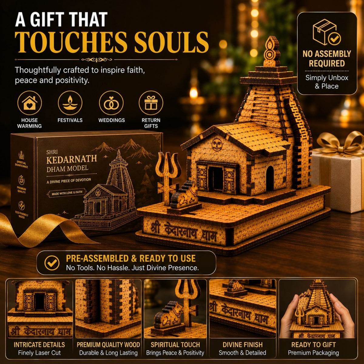 Shri Kedarnath Dham wooden temple model gift-ready packaging creative showing the product and box.
