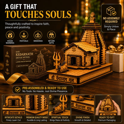 Shri Kedarnath Dham wooden temple model gift-ready packaging creative showing the product and box.