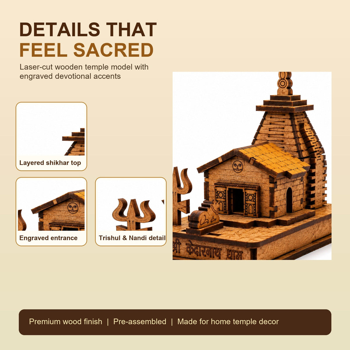 Shri Kedarnath Dham wooden temple model closeup creative showing shikhar, entrance, trishul, and Nandi details.