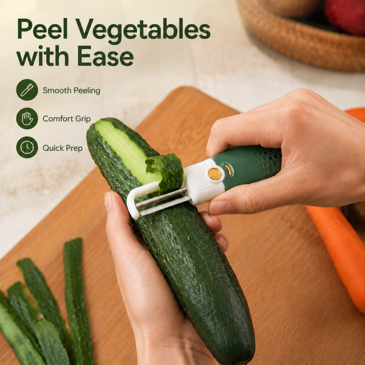 variant:Green | 2-in-1 Vegetable Peeler and Knife | Peeling use image