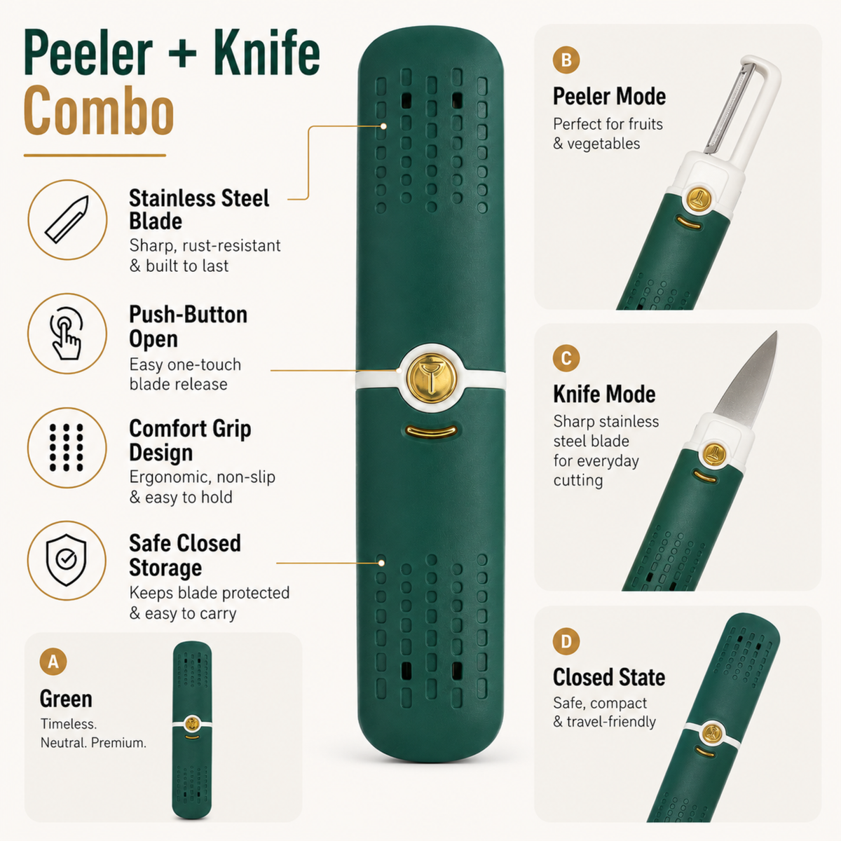 variant:Green | 2-in-1 Vegetable Peeler and Knife | Peeler and knife combo image