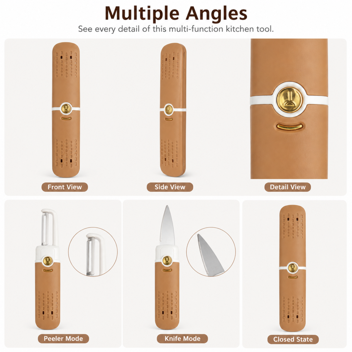 variant:Tan | 2-in-1 Vegetable Peeler and Knife | Multiple angles image