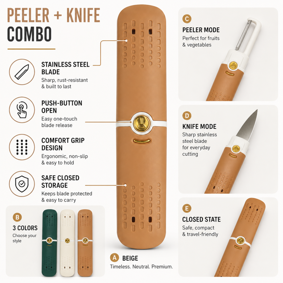 variant:Tan | 2-in-1 Vegetable Peeler and Knife | Peeler and knife combo image
