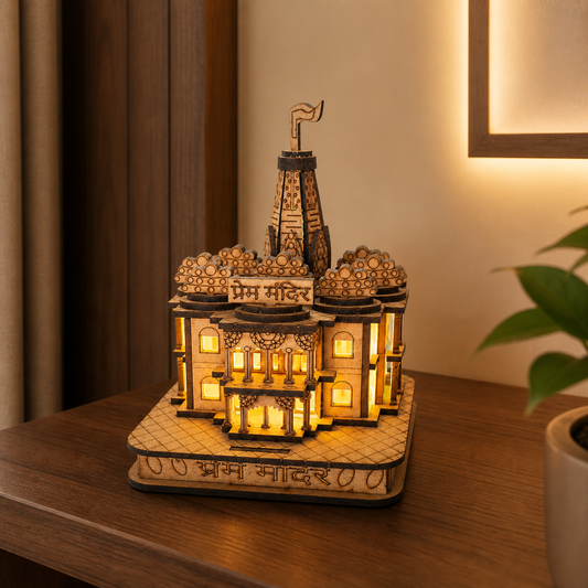 Prem Mandir Temple LED Miniature Idol lifestyle image on a wooden shelf with warm devotional lighting.