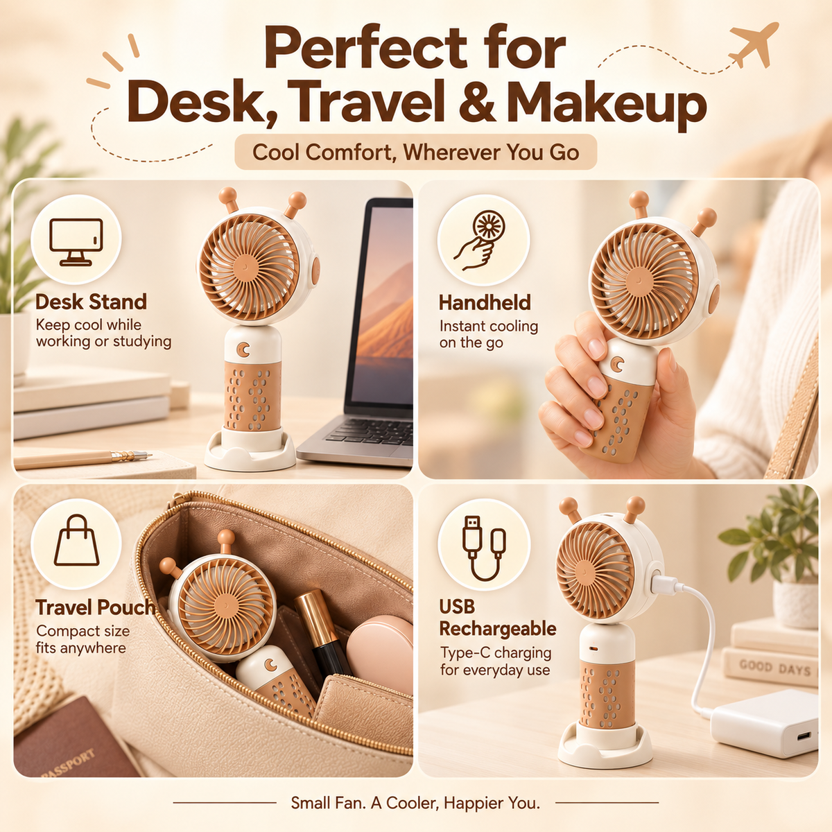 Snail Shape Portable Mini Fan desk travel and makeup use infographic