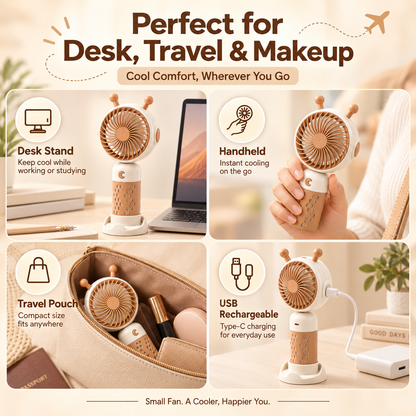 Snail Shape Portable Mini Fan desk travel and makeup use infographic