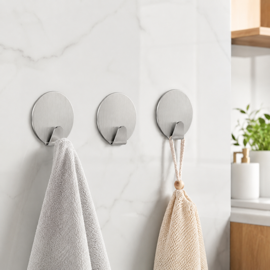 variant:Round | Self-Adhesive Stainless Steel Hooks | Bathroom lifestyle use image