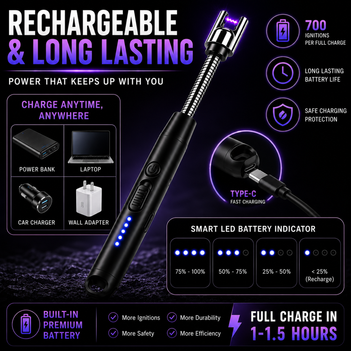variant:Black | Rechargeable Electric Arc Lighter | Rechargeable battery image