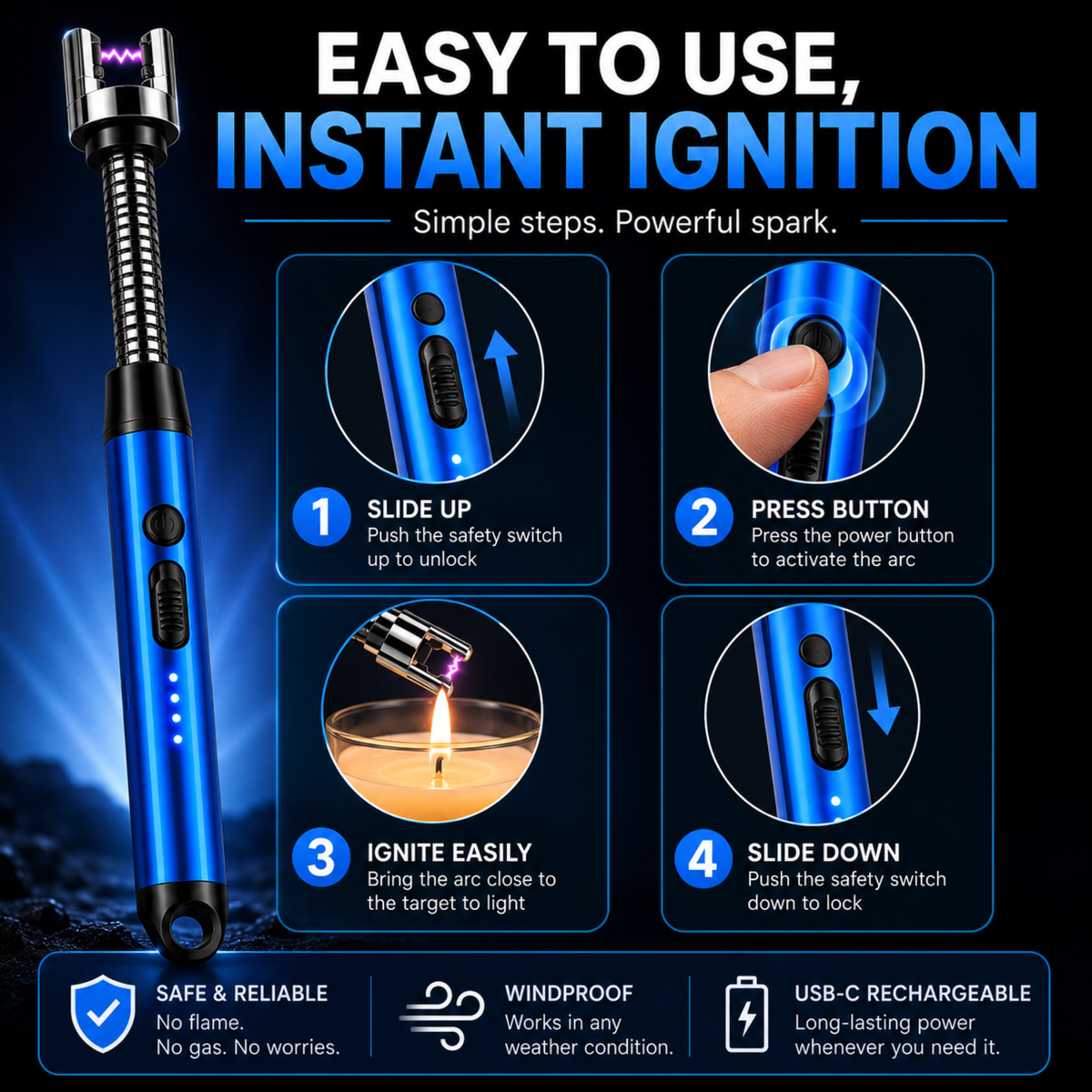 variant:Blue | Rechargeable Electric Arc Lighter | Easy use image
