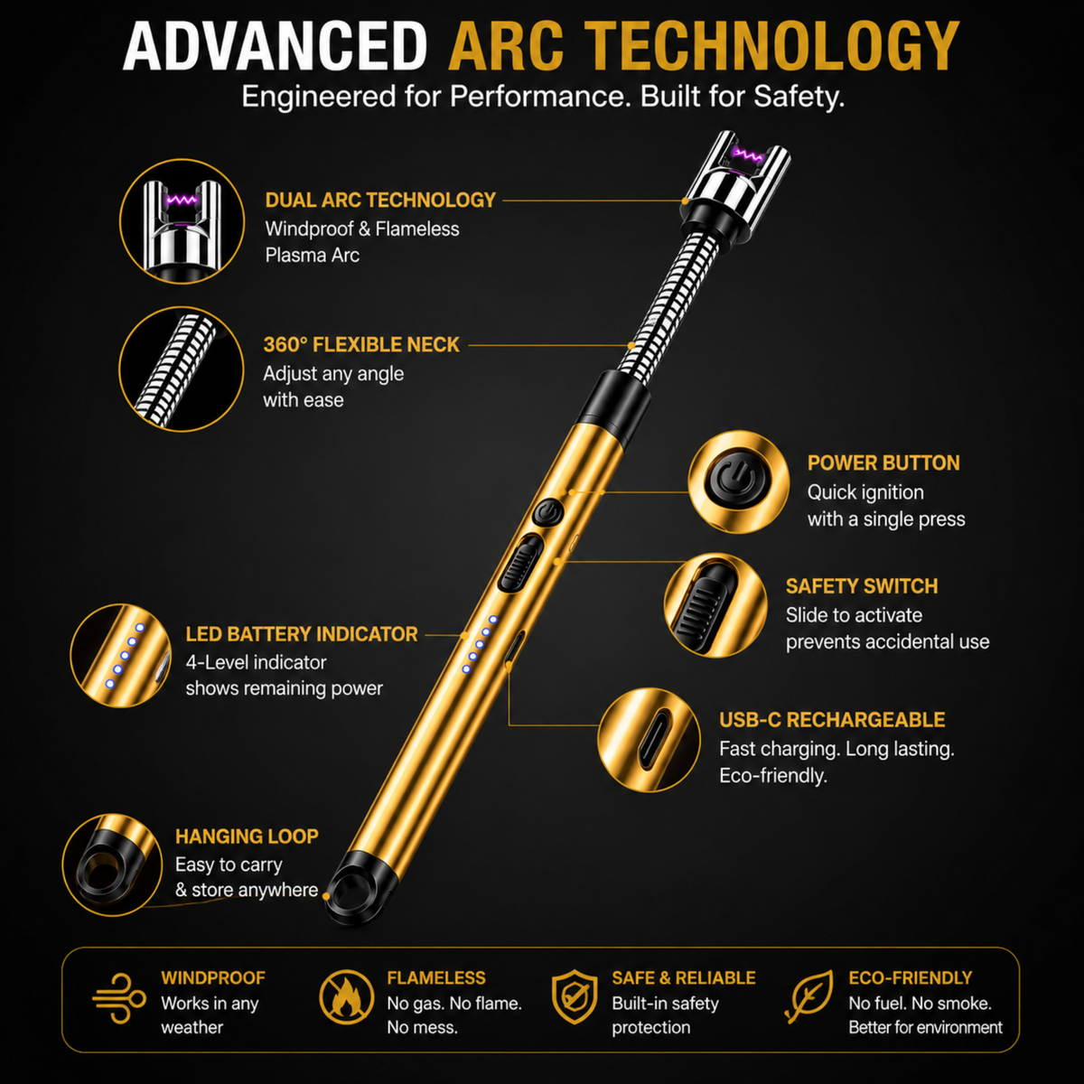 variant:Golden | Rechargeable Electric Arc Lighter | Feature technology image