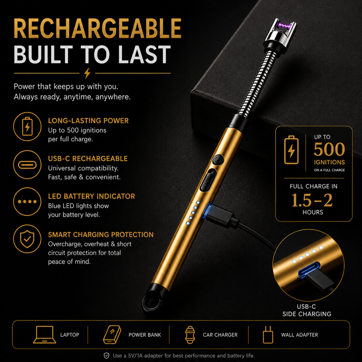 variant:Golden | Rechargeable Electric Arc Lighter | Rechargeable battery image