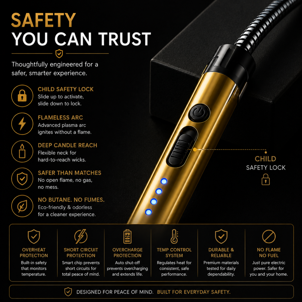 variant:Golden | Rechargeable Electric Arc Lighter | Safety lock image
