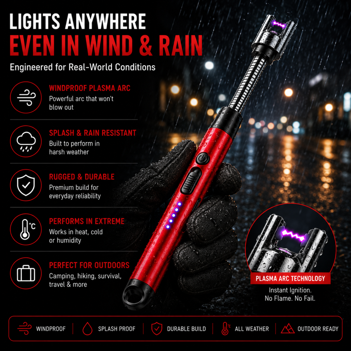 variant:Red | Rechargeable Electric Arc Lighter | Windproof outdoor use image