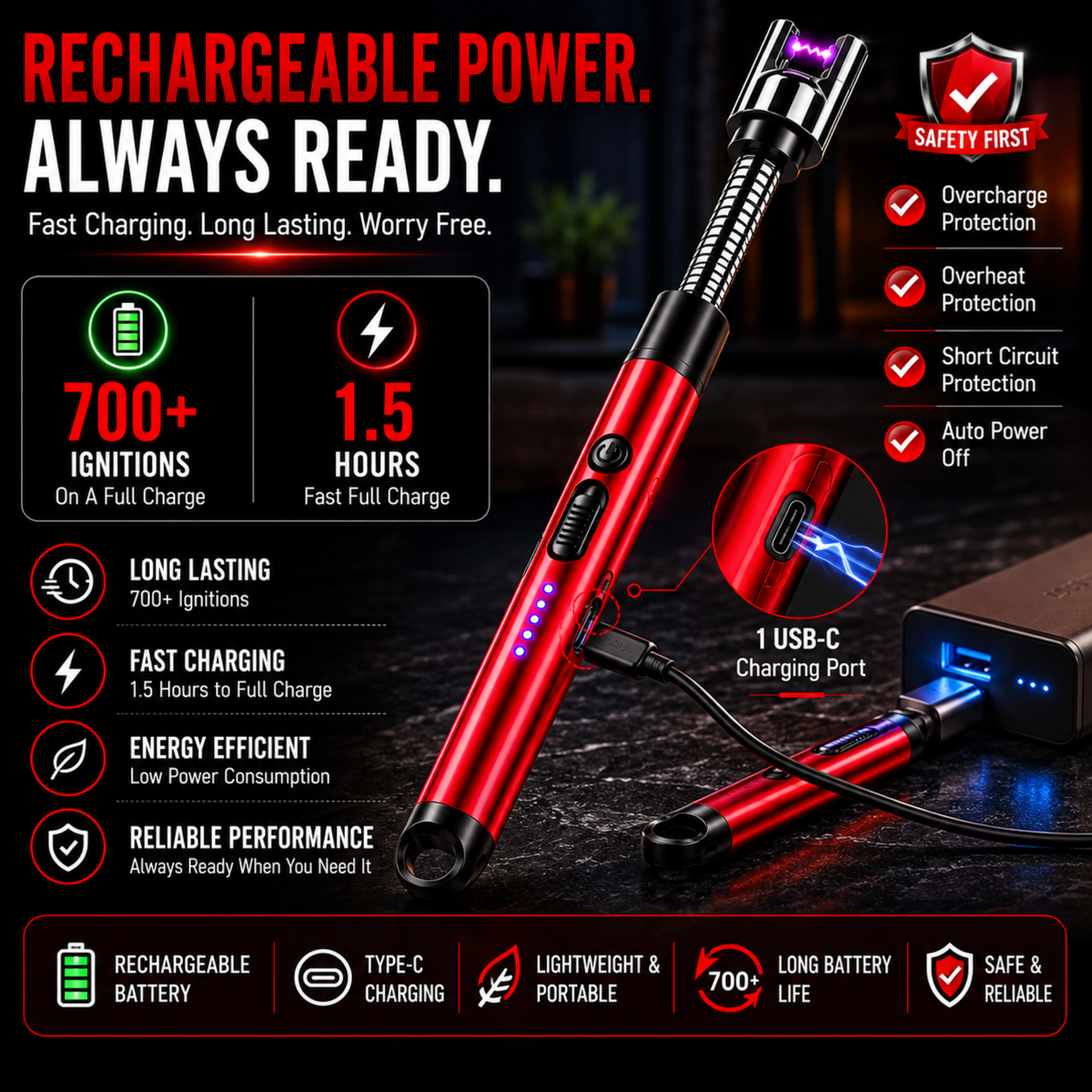 variant:Red | Rechargeable Electric Arc Lighter | Rechargeable battery image