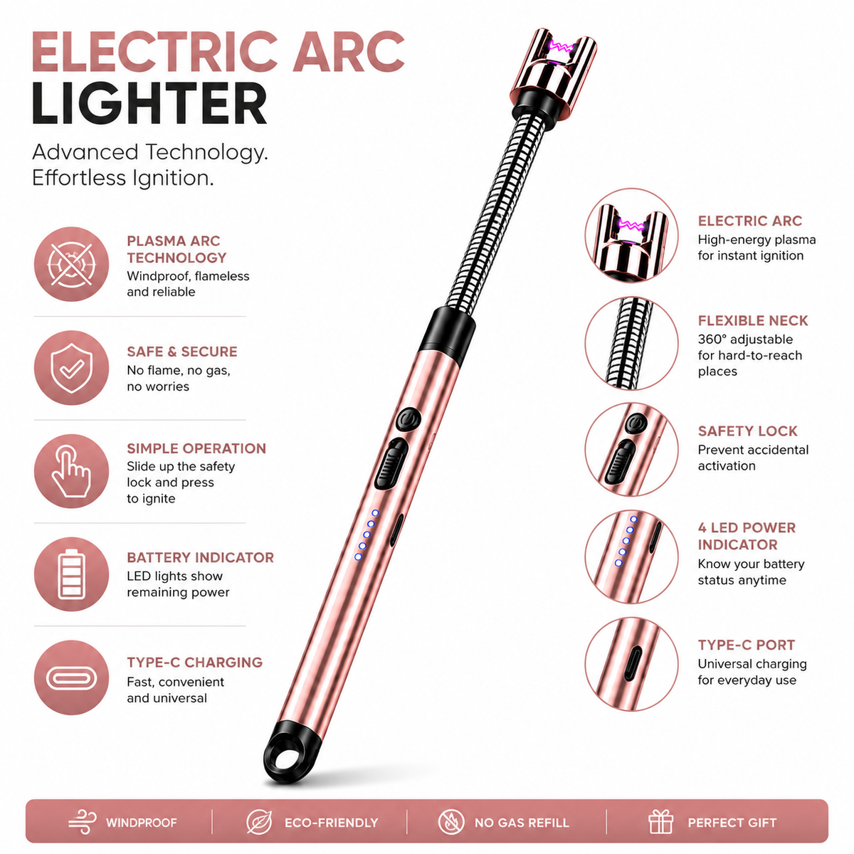 variant:Rose Gold | Rechargeable Electric Arc Lighter | Safety lock image