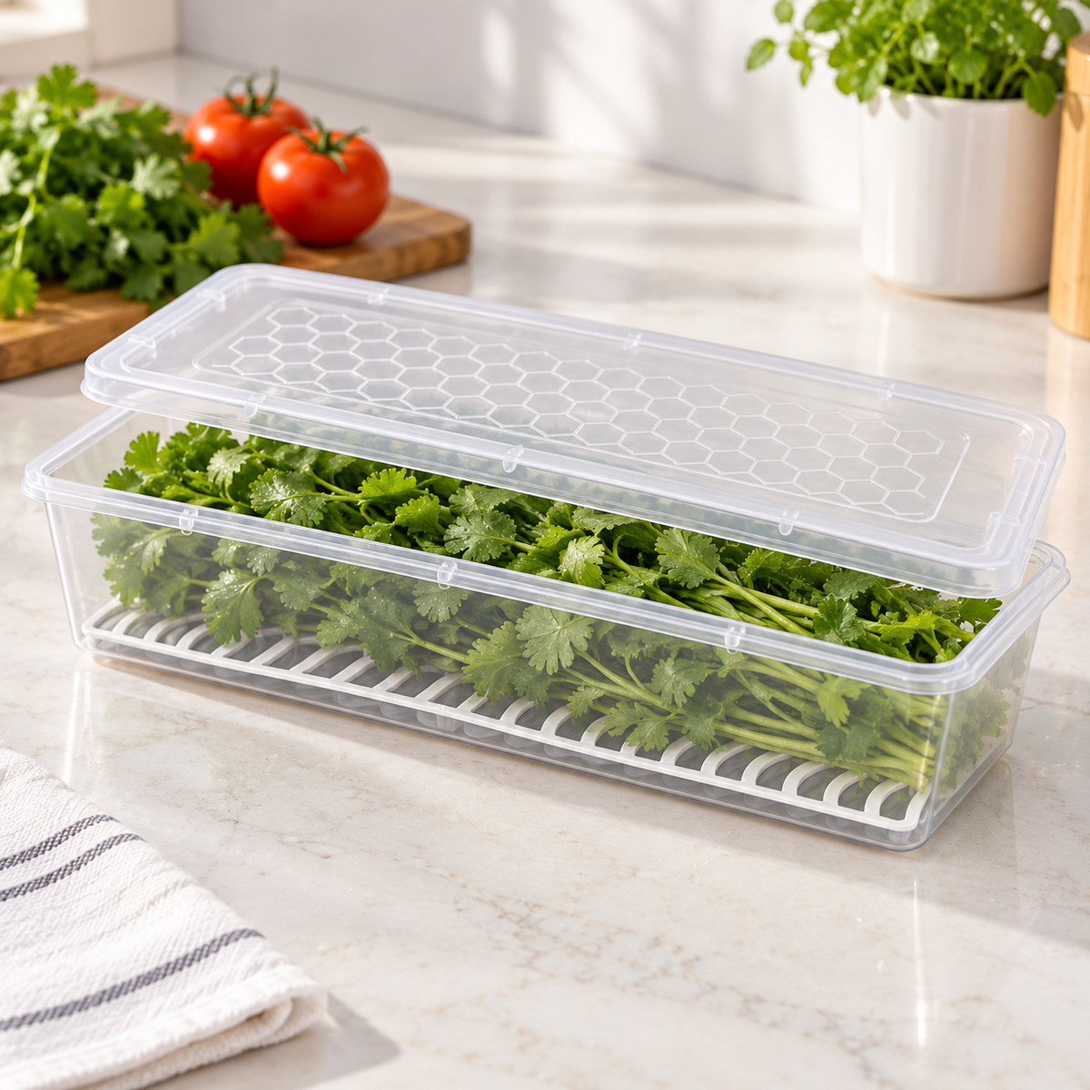 Fridge Storage Containers storing fresh greens with lid and drain tray
