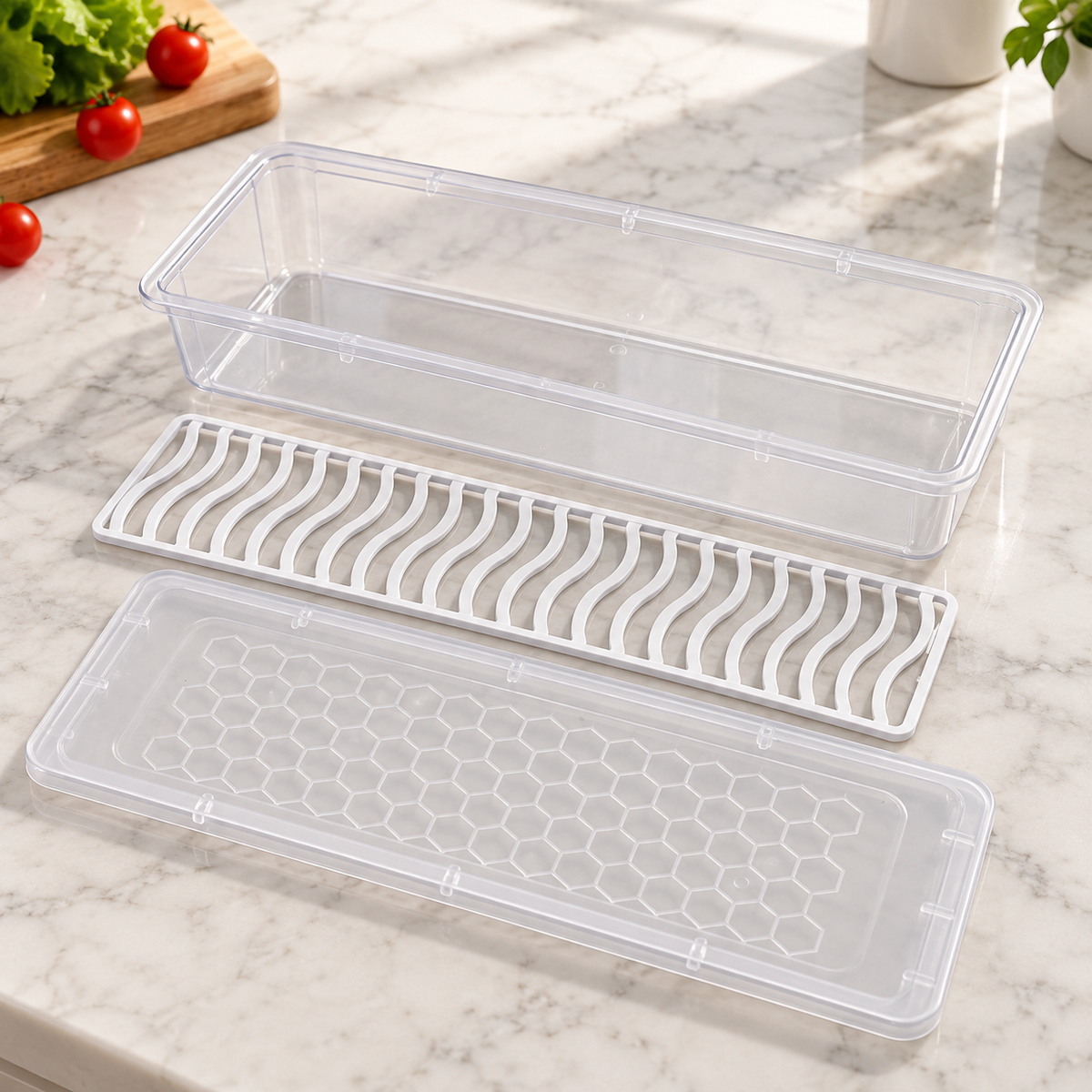 Fridge Storage Containers clear box lid and lift out drain tray