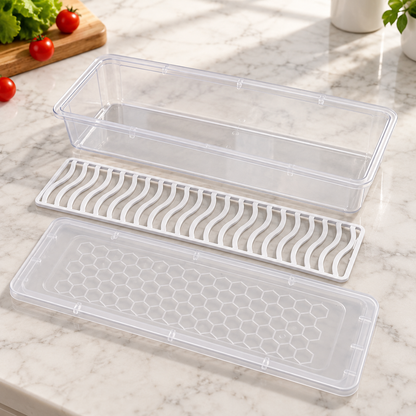 Fridge Storage Containers clear box lid and lift out drain tray